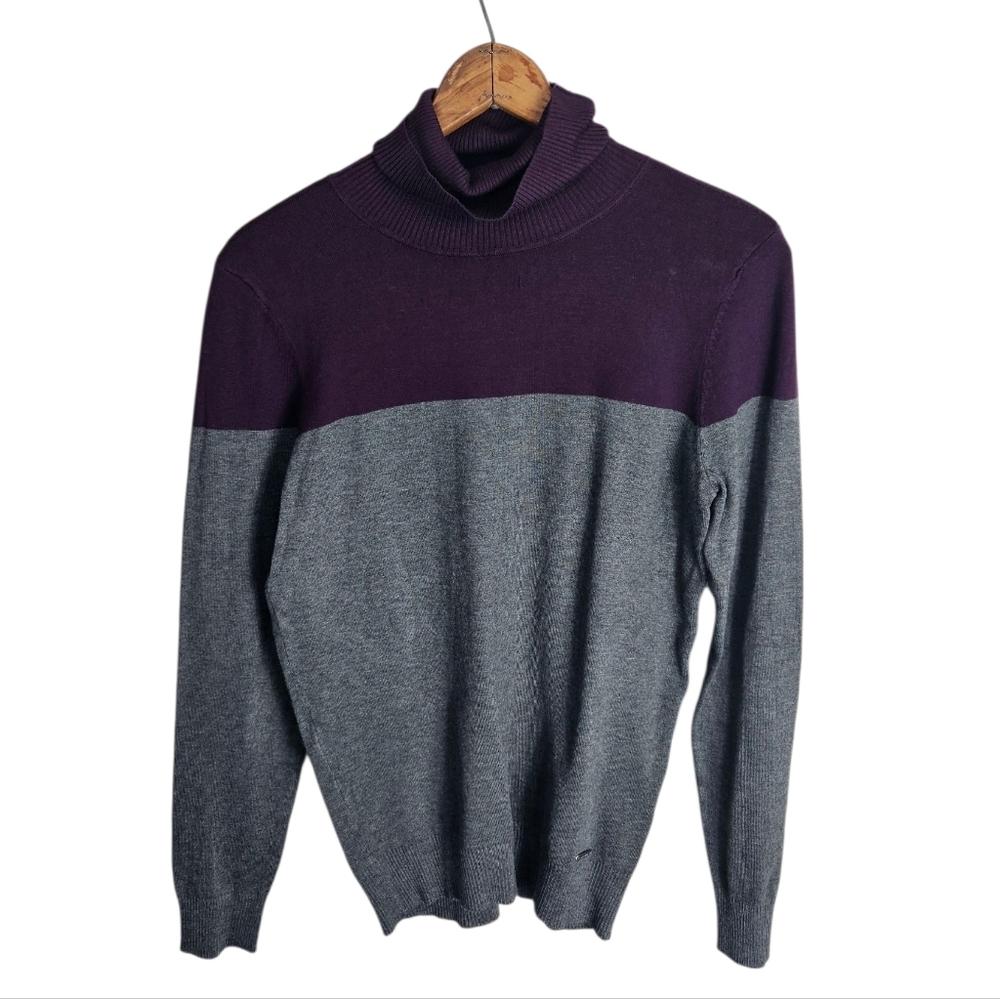 Calvin Klein Purple and Gray Colorblock Turtleneck Sweater, Small
